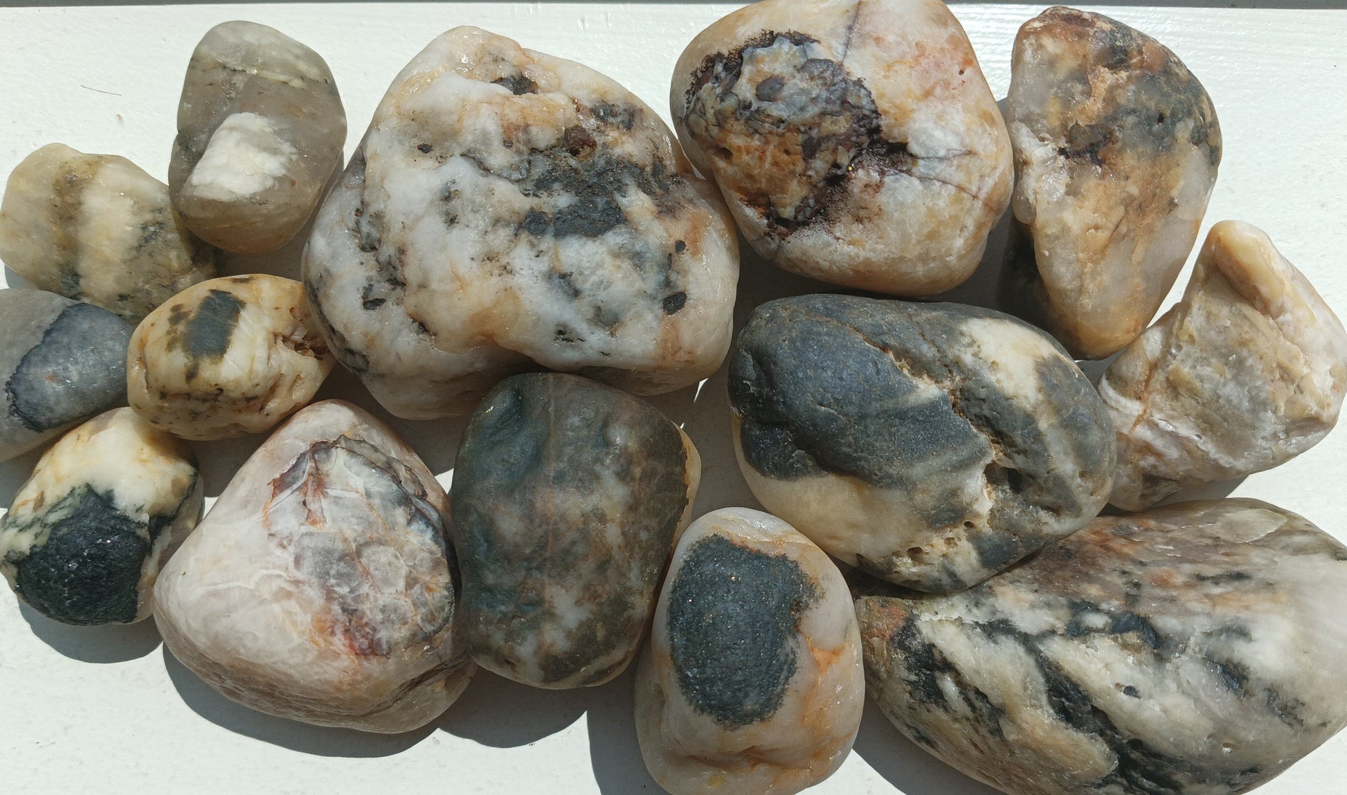 Collection of 14 Plymouth beach stones showing warm cream feldspar and dark biotite mica