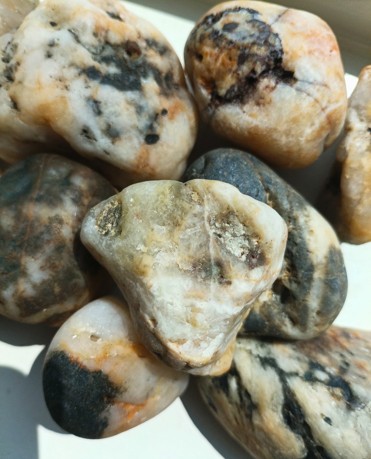 Close-up of Plymouth beach stone showing quartz and iron oxide detail