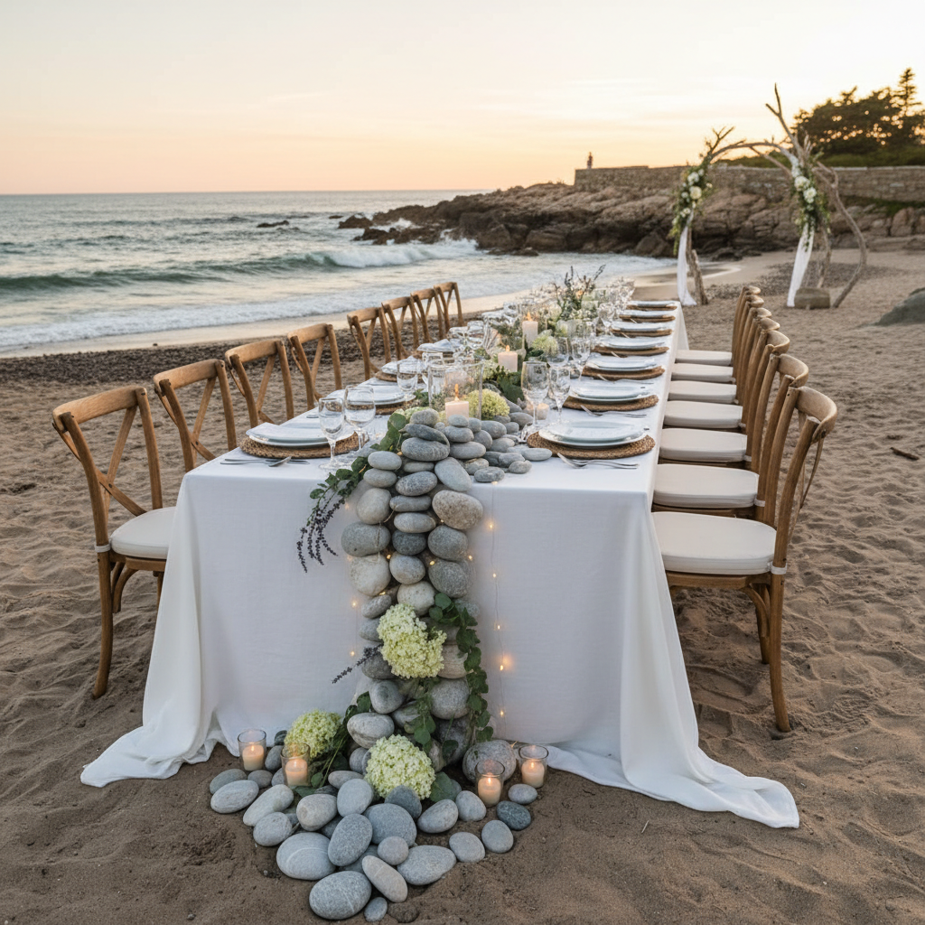 Coastal wedding with stone table runner