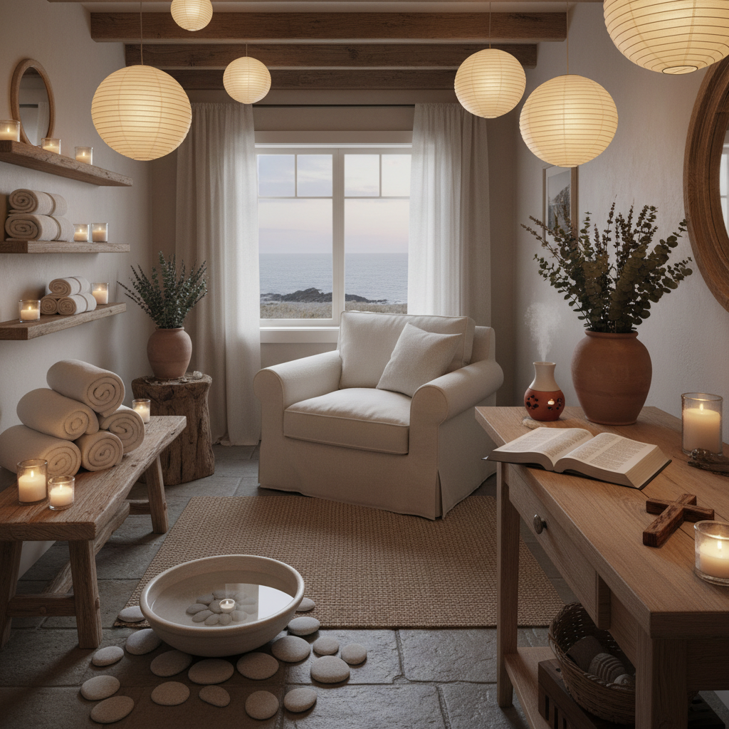 Peaceful New England spa with lanterns, tea lights, towels and beach stones